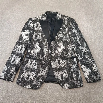 Zara Mens Jacket 38 Black Silver Tuxedo Smoking Blazer Satin Lapel Horse Print - Image 1 of 4