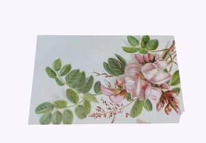 Vintage Botanical Print Card With Pink Roses & Green Leaves - Picture 1 of 2