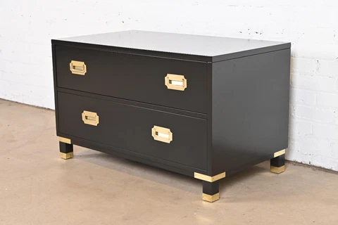 Baker Furniture Hollywood Regency Black Lacquered Campaign Commode Cover