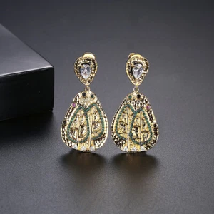 Lange Blatt Ohrringe Kupfer Intarsien Zirkon Mode Damen Farbe vergoldet Schmuck - Bild 1 von 5
