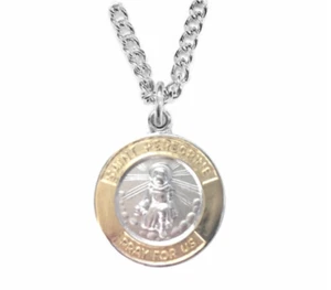 STERLING SILVER TWO TONE ST. PEREGRINE MEDAL PATRON OF CANCER NECKLACE & CHAIN - Picture 1 of 2