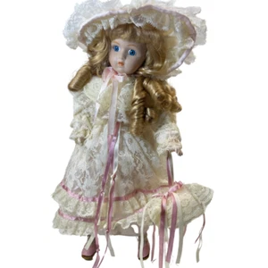 Estate item- Porcelain Doll, White Lace Dress with Stand - Picture 1 of 3