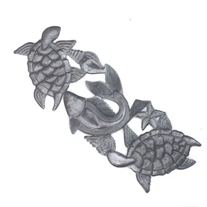 Handgefertigte haitianische Skulptur, Meeresschildkröte & Schnapper Fisch, nautisches Dekor 6"x17" - Bild 1 von 4