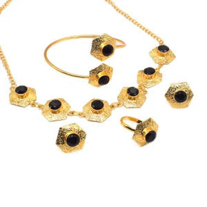 Black Spinel Jewelry Set Gold Plated Hexagon Ring Bracelet Necklace Q884 - Picture 1 of 4