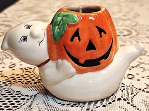 Vintage Hallmark Halloween Ceramic Ghost & Jack-o-Lantern Candle Holder (unused) - Picture 1 of 11