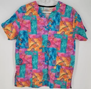 WS White Swan Fundamentally Cotton Dragonflies & Flowers Scrub Top Small - Picture 1 of 3