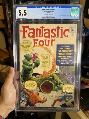FANTASTIC FOUR 1 GOLDEN RECORD COMIC CGC 5.5 RARE WHITE PAGES 1966 - Image 1 of 4