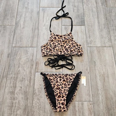 Malia Mills Bikini Set Women’s S  Leopard Print Tie-Halter Top High Rise Bottoms - Image 1 of 4
