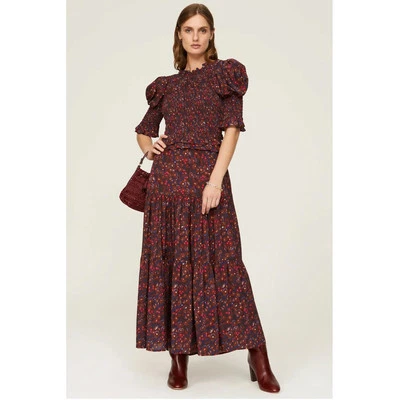 Vestido SEA New York Ilana Ikat Calado Midi Marrón Mangas Abullonadas en Niveles Con Cordones Talla M Foto 1 de 4