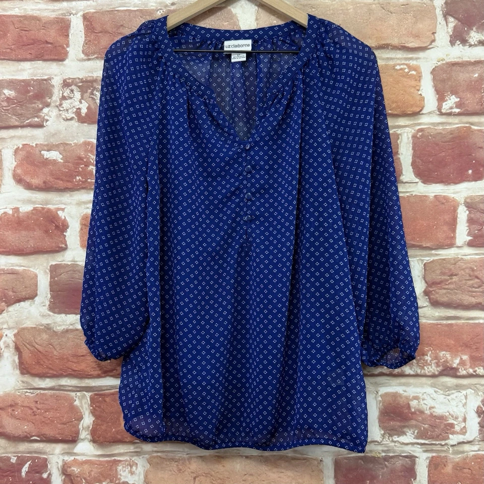 Camisa de Carrera Liz Claiborne Top Mujer Pequeña Alta Azul Blanca Mini Floral Informal Foto 1 de 4