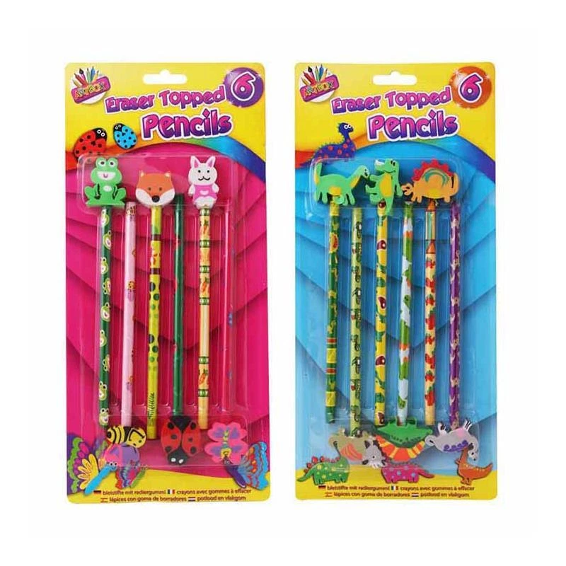 TALLON INTERNATIONAL LTD 6 Pack Novelty Eraser Top Pencils | Girls Boys Cute Animals Design School Case