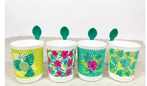 Tupperware Ilumina Becher Tropical 4er Set mit Aufhängelöffeln Mikrowelle 350ml - Neu - Bild 1 von 4