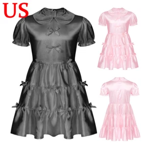 Mens Puff Sleeve Sissy Costumes Bowknot Frilly Crossdress Lingerie Satin Dress - Picture 1 of 33