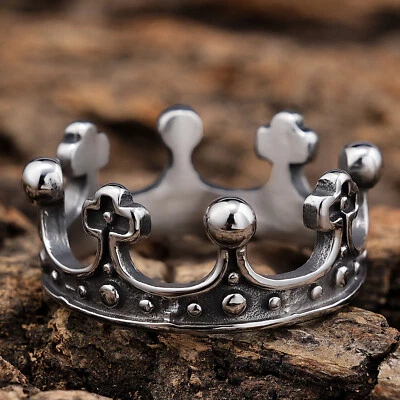 Anillo Corona Acero Inoxidable Bandas Cruz Anillos Religiosos Hombres Anillos Punk Retro Foto 1 de 3