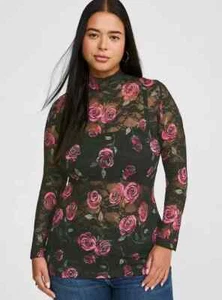 Torrid Sheer Stretch Lace Mock neck Long sleeve Black floral roses top Size 4 - Picture 1 of 4