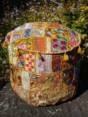 Indian Yellow Round Pouffe Cover Vintage Cotton Footstool Ottoman Patchwork AU - Image 1 of 4