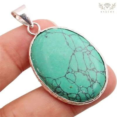 Turchese Gemma 925 Ciondolo Placcato Argento Handmade Gioielli Regalo 3.9cm - Immagine 1 di 3