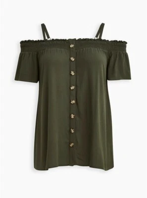 Blusa Plus Camisa Torrid 3 3X 22 24 SMOCKED Hombro Frío Verde Oliva Top Correas Foto 1 de 4