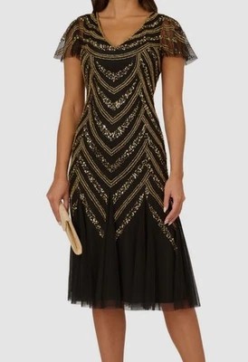 Vestido midi para mujer Adrianna Papell negro cuello en V malla con cuentas talla 18 Foto 1 de 2