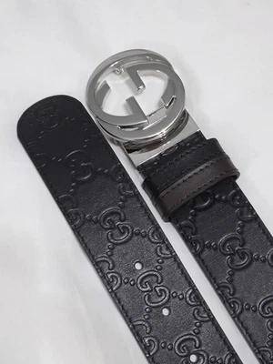 Cinturón de cuero reversible GUCCI 2 en 1 negro y marrón plateado GG talla 30/32 - Imagen 1 de 4