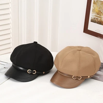 Moda Sombrero de Newsboy Damas Mujeres Cuero Panadero Niño Gorra Pico Invierno Cálido Gorras Foto 1 de 4
