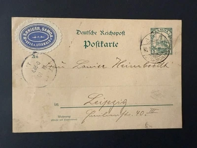 1907 Немецкое Самоа 5pf зеленая почтовая карточка б/у в Лейпциг с синей торговой этикеткой - Изображение 1 из 2