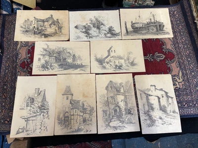 9 ANTIQUE 19th CENTURY SIGNED PENCIL DRAWING ARCHITECTURE BUILDINGS LANDSCAPE - Image 1 of 4