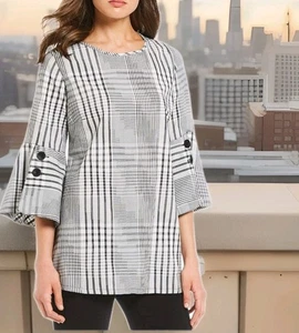 ALI MILES Top Damen 1X Tunika schwarz weiß kariert Schlagärmel Bluse - Bild 1 von 9