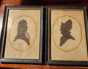 Vintage Cross Stitch Silhouette of George and Martha Washington in frame - Picture 1 of 5