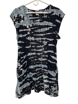 Mind Set By XCVI Tie Dye Linen Tunic Mini Dress Size Large Pockets Black Blue - Image 1 of 4