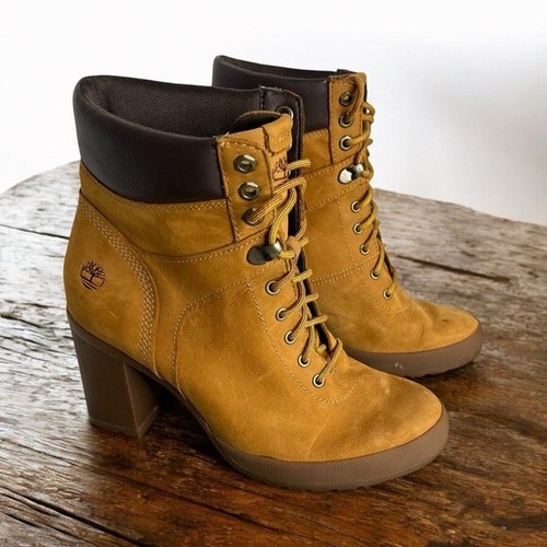 Stivali stringati Timberland donna taglia 7 Camdale pelle scamosciata marrone tacco alto