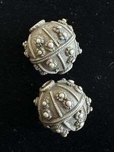 Antique Yemenite Jewish Bowsani Silver Globe Beads (2 Pcs) - 23 mm - (Item #865)