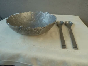 12" Martha Stewart Collection Park Leaves Silver Aluminum Salad Bowl + 2 Servers - Picture 1 of 12