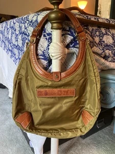Felisi Leather & Nylon Side-Zip Circle Hobo Shoulder Bag Khaki Olive Kelly Green - Picture 1 of 8