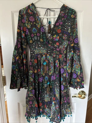 Vestido de Seda Matthew Williamson Cordones con Borla Dobladillo Campana Largo SLV Brillante Nuevo 4 Foto 1 de 4