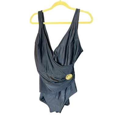 Longitude Black One Piece Swimsuit Tummy Control Flower Detail Size 16 - Image 1 of 4