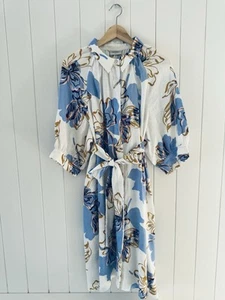 Sussan NEW Linen Dress Size 16 White Blue Floral Blouson Short Sleeve Waist Tie - Picture 1 of 19