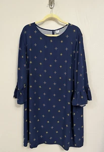 Old Navy XXL Rayon Shift Dress Blue Geometric Print Bell Sleeves Keyhole Airy - Picture 1 of 16