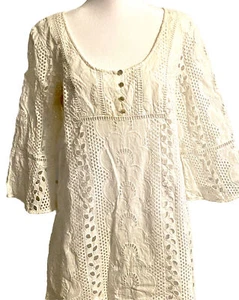 Vtg 80s Leslie Fay Size 12 Boho Style Lined Embroidered White Dress Bell Sleeve - Picture 1 of 11