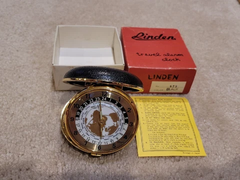 Linden Travel Alarm Clock Japan World Map Time Zones Vintage Wind Up - Works Cover