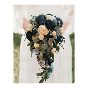 Navy Dusty Blue Cascade Bridal Bouquet Organic Sola Wood Bride Wedding Flowers - Picture 1 of 2