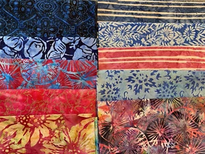 Lote de 10 restos de tela de algodón batik octavos gruesos 9" x 21", azul rosa - Imagen 1 de 3