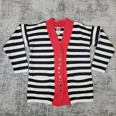 Винтажный женский кардиган Saks Fifth Avenue средний размер в черные красно-белые полоски - Изображение 1 из 4