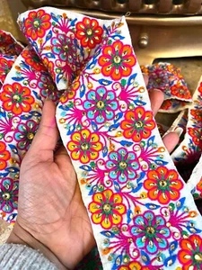 1m 8.5cm Wide Indian Flower Embellished Embroidery trim flower Trimming Ribbons - Picture 1 of 2