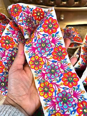 1m 8.5cm Wide Indian Flower Embellished Embroidery trim flower Trimming Ribbons — 第 1/2 张图片