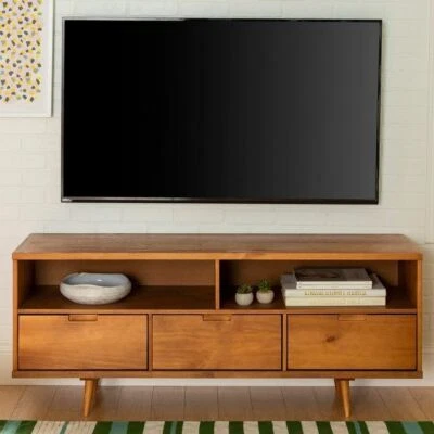 Mueble multimedia moderno de madera maciza 58" para centro de entretenimiento con soporte de TV de mediados de siglo Foto 1 de 4