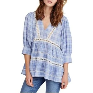 Free People Time Out Bluse Tunika Top Spitze kariert Rüschen Stufen V-Ausschnitt Gr. M - Bild 1 von 6