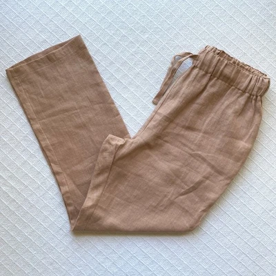 Pantalones Kaia 100 % lino marrón crema con cordón relajado nuevo con etiquetas de lino hechos a mano Studio Foto 1 de 4