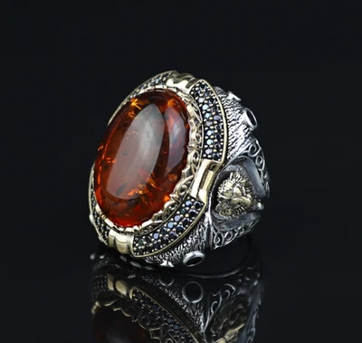 Anillo grande de plata 925 con figura de León de piedra ámbar natural báltico Foto 1 de 4