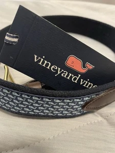 Vineyard Vines Boys Belt Sz 28 Whale Canvas Navy Blue Brown Leather Brass Preppy - Picture 1 of 6